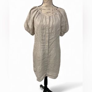J Crew Linen Puff Sleeve Dress Beige Natural Open Back Tie Size 10